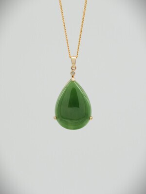 Moko Pounamu NZ Genuine Kahurangi Greenstone and 14ct Gold & Diamond Teardrop Pendant 10427