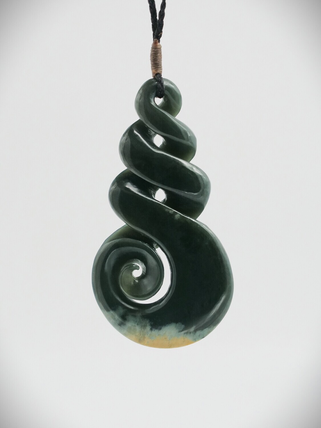 Moko Pounamu Double Pikorua with Koru NZ Genuine Kawakawa Flower Greenstone- Whakamahi