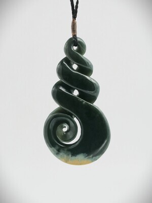 Moko Pounamu Double Pikorua with Koru NZ Genuine Kawakawa Flower Greenstone- Whakamahi
