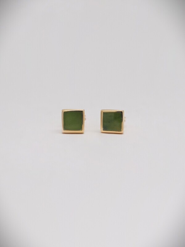 Moko Pounamu 5mm Square Greenstone and 14ct Gold  Stud Earrings - ES1G