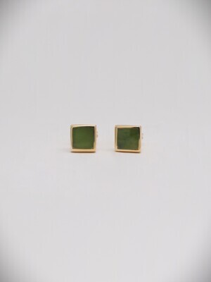 Moko Pounamu 5mm Square Greenstone and 14ct Gold Stud Earrings - ES1G