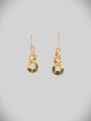 Moko Pounamu Double Pikorua (Twist) Greenstone and 9ct Gold  Earrings- 53JEG