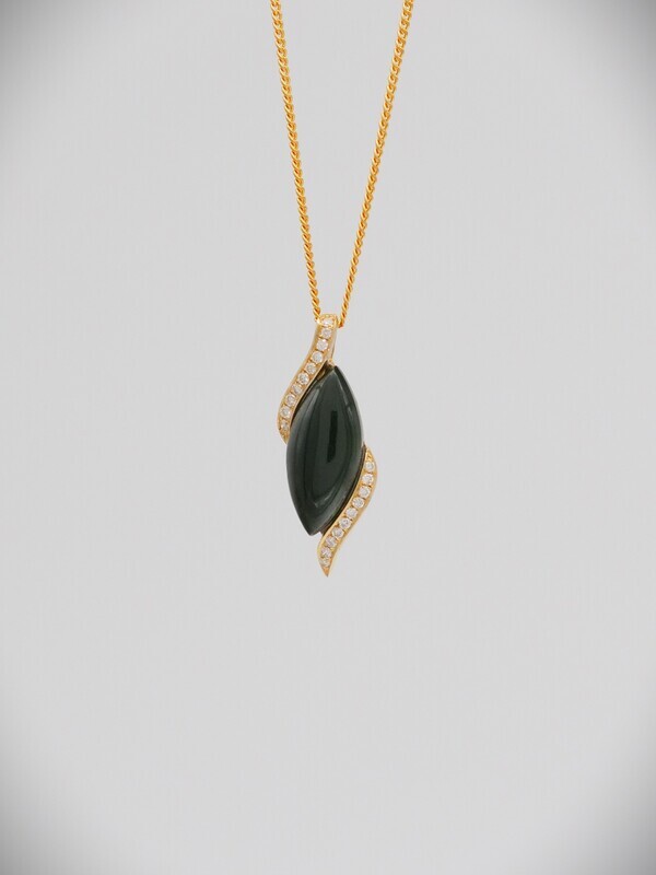 Moko Pounamu Greenstone and 14k Gold & Diamond Navette Pendant