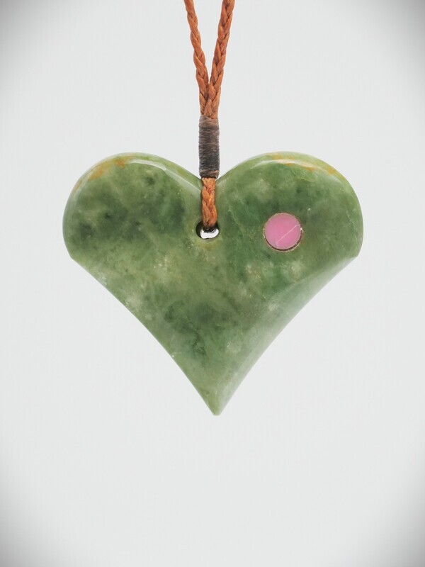 Moko Pounamu Heart NZ Genuine Marsden Flower Greenstone with Rhodonite - Whatanihi