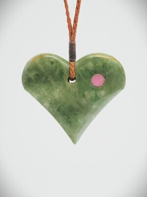 Moko Pounamu Heart NZ Genuine Marsden Flower Greenstone with Rhodonite - Whatanihi