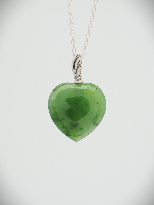 Moko Pounamu Faceted Heart Kahurangi Greenstone and Sterling Silver