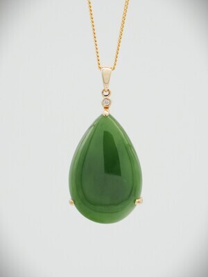 Moko Pounamu NZ Genuine Kahurangi Greenstone and 14ct Gold & Diamond Teardrop Pendant 10759