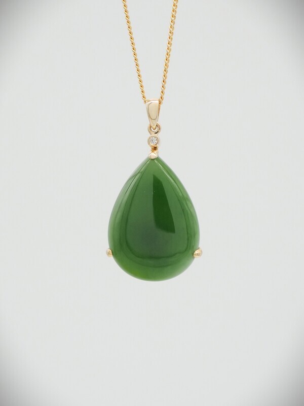 Moko Pounamu Kahurangi Greenstone, Diamond and 14ct Gold Teardrop Pendant