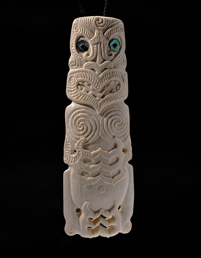 Moko Pounamu Hei Tiki genuine Whale Bone Carving - Ngahere