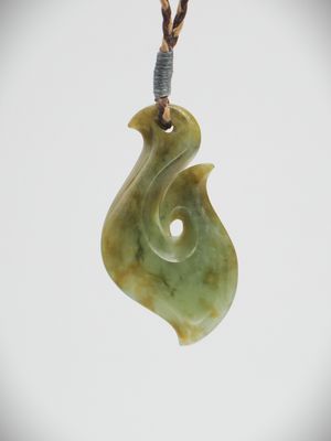 Moko Pounamu Hook (Hei Matau) NZ Genuine Inanga Flower Greenstone - Romahapa