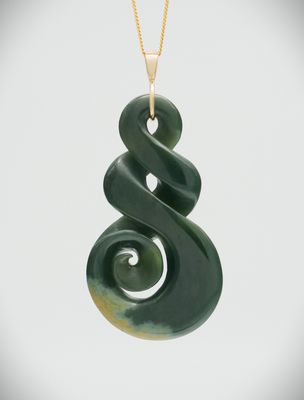 Moko Pounamu Double Pikorua (Twist) with Koru NZ Genuine Kawakawa Flower Greenstone & 9ct Gold Pendant - Pukaki