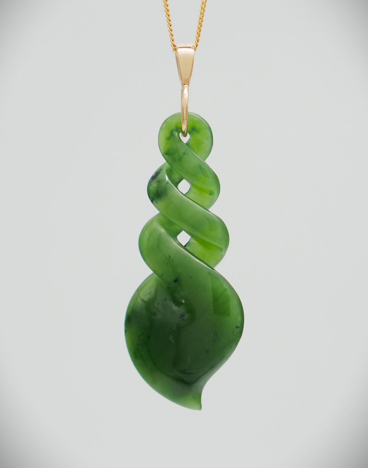 Moko Pounamu Double Pikorua (Twist) NZ Genuine Kahurangi Greenstone & 9ct Gold - Tekapo