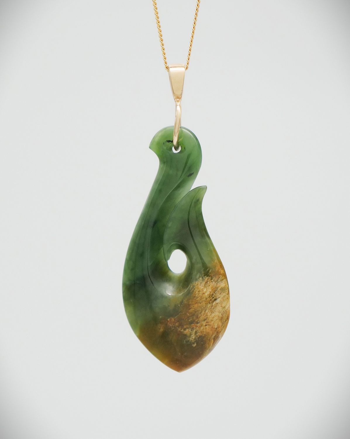 Moko Pounamu Hei Matau (Hook) NZ Genuine Marsden Flower Greenstone and 9ct Gold Pendant - Hawea