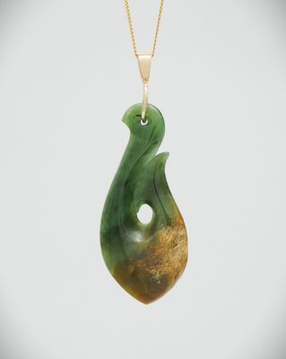 Moko Pounamu Hei Matau (Hook) NZ Genuine Marsden Flower Greenstone and 9ct Gold Pendant - Hawea