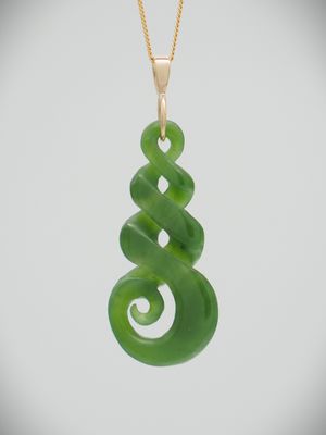 Moko Pounamu Double Pikorua (Twist) with Koru NZ Genuine Kahurangi Greenstone & 9ct Gold Pendant - Kamahi