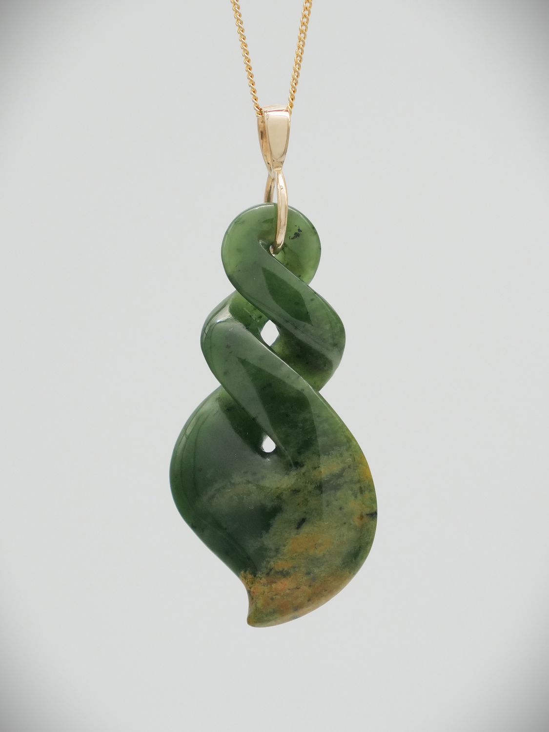 Moko Pounamu Double Pikorua NZ Genuine Marsden Flower Greenstone & 9ct Gold Bail - Wanaka