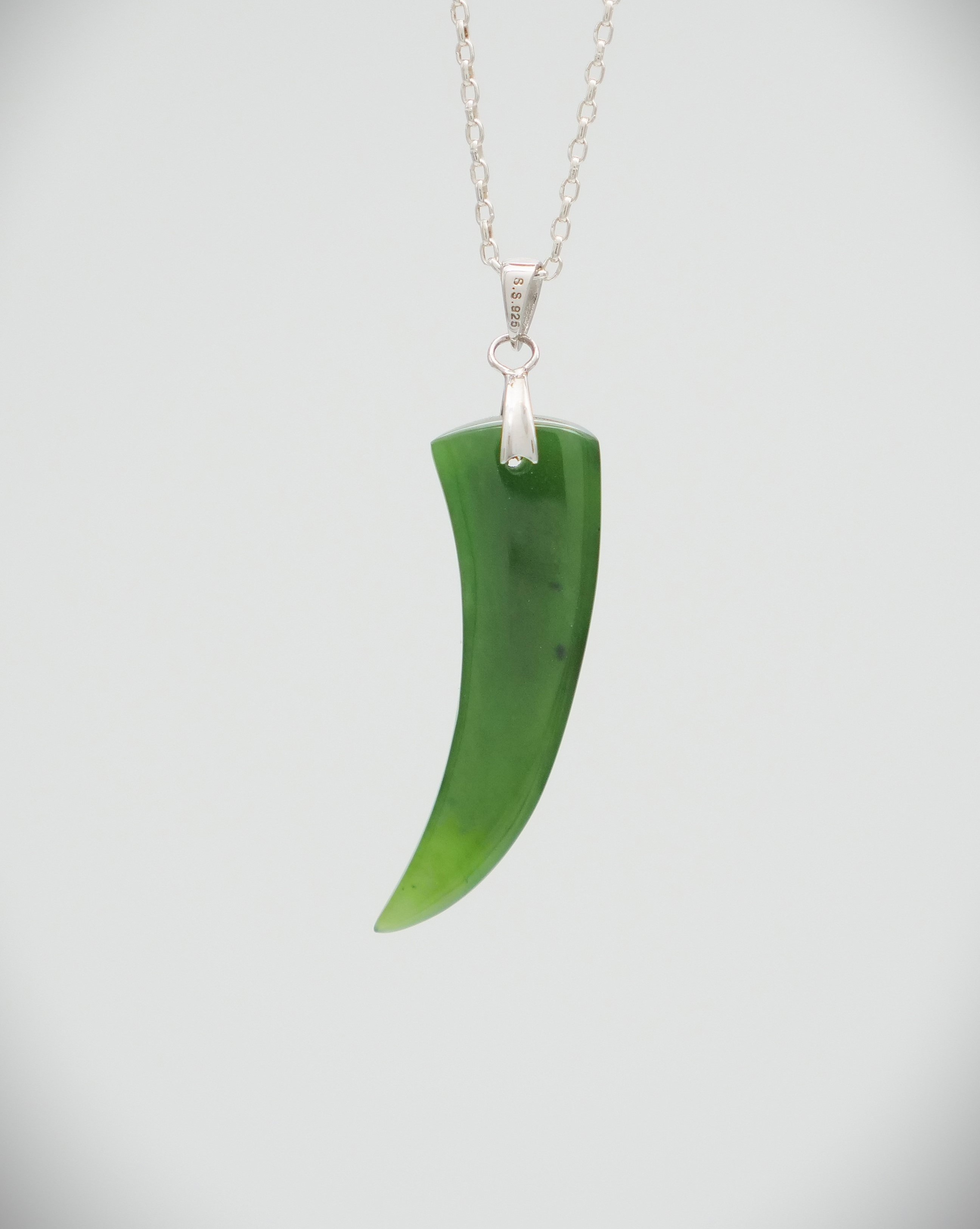 Moko Pounamu Rei Niho (Whales Tooth) NZ Genuine Kahurangi Greenstone & Sterling Silver Pendant