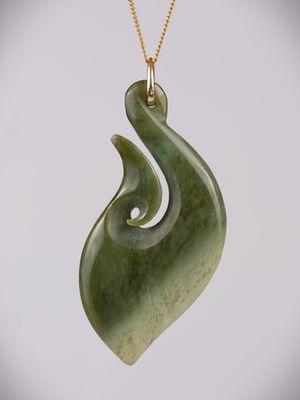 Moko Pounamu Hei Matau (Hook) NZ Genuine Inanga Flower Greenstone and 9ct Gold Pendant - Otamatapaio