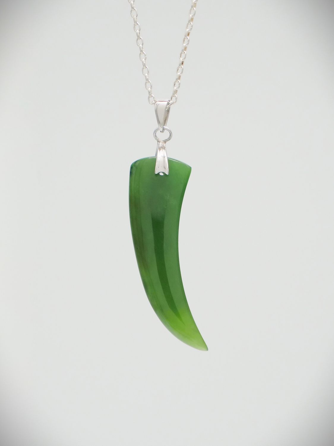Moko Pounamu Rei Niho (Whales Tooth) NZ Genuine Kahurangi Greenstone & Sterling Silver Pendant