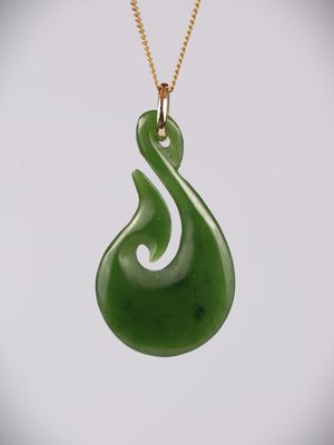 Moko Pounamu Hei Matau (Hook) NZ Genuine Kahurangi Greenstone and 9ct Gold Pendant - Kawarau