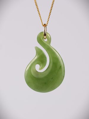 Moko Pounamu Hei Matau (Hook) NZ Genuine Kahurangi Greenstone and 9ct Gold Pendant - Wharehuanui