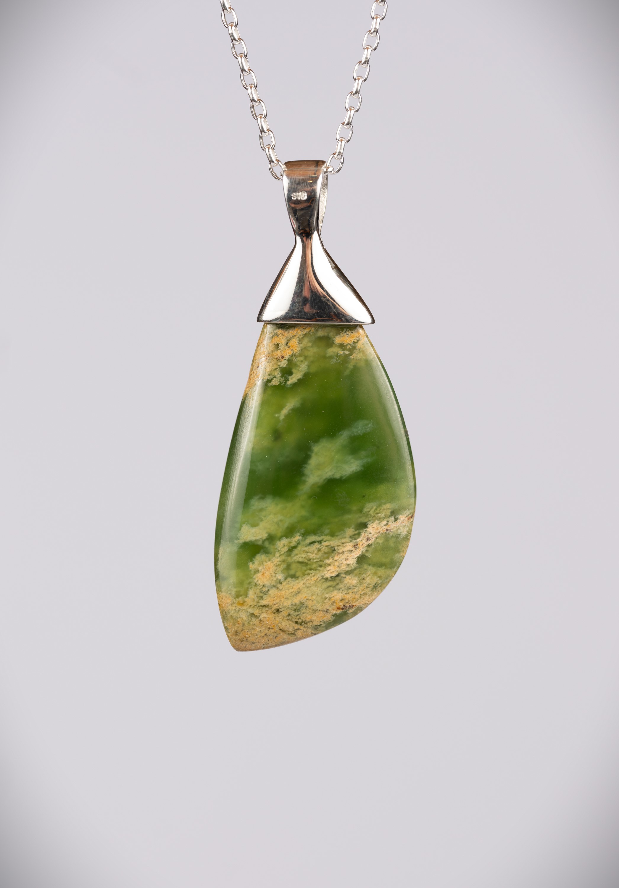 Moko Pounamu NZ Genuine Marsden Flower Greenstone and Sterling Silver Drop Pendant 11045