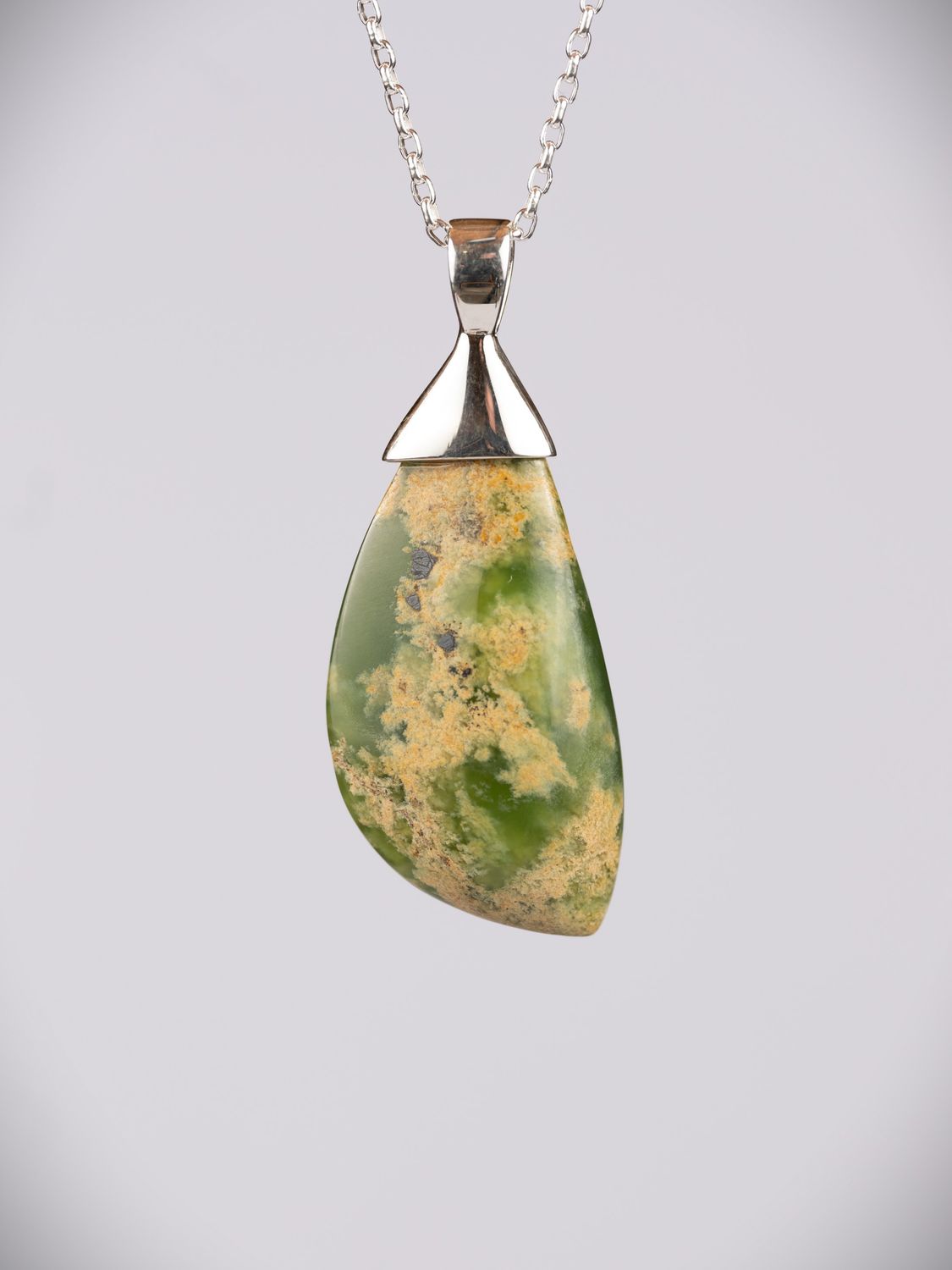 Moko Pounamu NZ Genuine Marsden Flower Greenstone and Sterling Silver Drop Pendant 11045