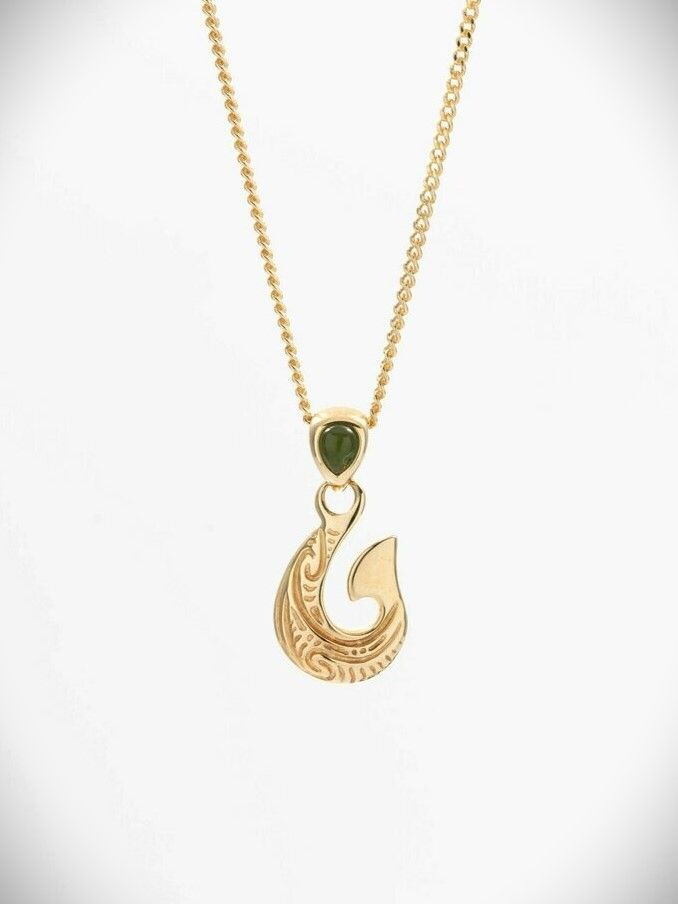 Moko Pounamu Hei Matau (Hook) Genuine NZ Greenstone and 9ct Gold Pendant with Kowhaiwhai 02645