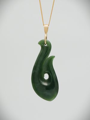 Moko Pounamu Hei Matau (Hook) NZ Genuine Kawakawa Greenstone and 9ct Gold Pendant - Poteriteri