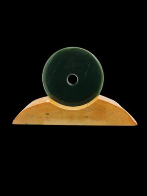 Moko Pounamu Porohita (Disc) Sculpture NZ Genuine Kawakawa & Kokopu Greenstone  - Whenua Hou