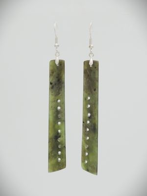 Moko Pounamu NZ Genuine Totoweka Greenstone & Sterling Silver   Drop Earrings 11224