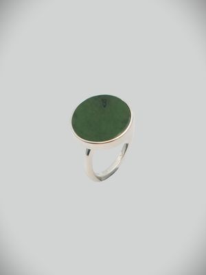 Moko Pounamu Greenstone and Silver Round Flat Unisex Ring - KRRFLFB