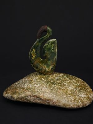 Moko Pounamu Matau (hook) Sculpture NZ Genuine Raukaraka Greenstone - Haumaiteraki