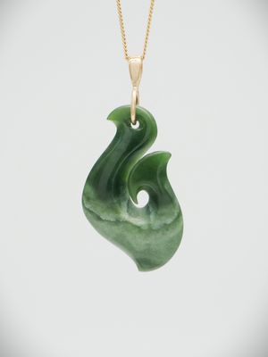 Moko Pounamu Hei Matau (Hook) NZ Genuine Kawakawa Flower Greenstone and 9ct Gold Pendant - Taramoa