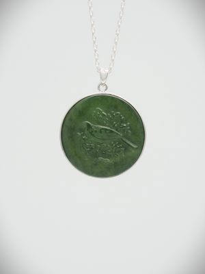 Moko Pounamu Greenstone and Sterling Silver Tui Pendant