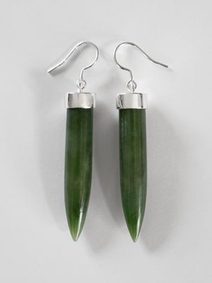 Moko Pounamu NZ Genuine Greenstone and Silver Pendulum Drop Earrings Long SC2ER