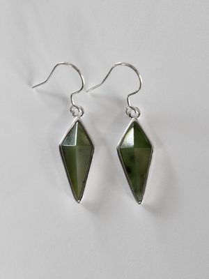 Moko Pounamu NZ Genuine Greenstone and Silver Faceted Kite  Earrings