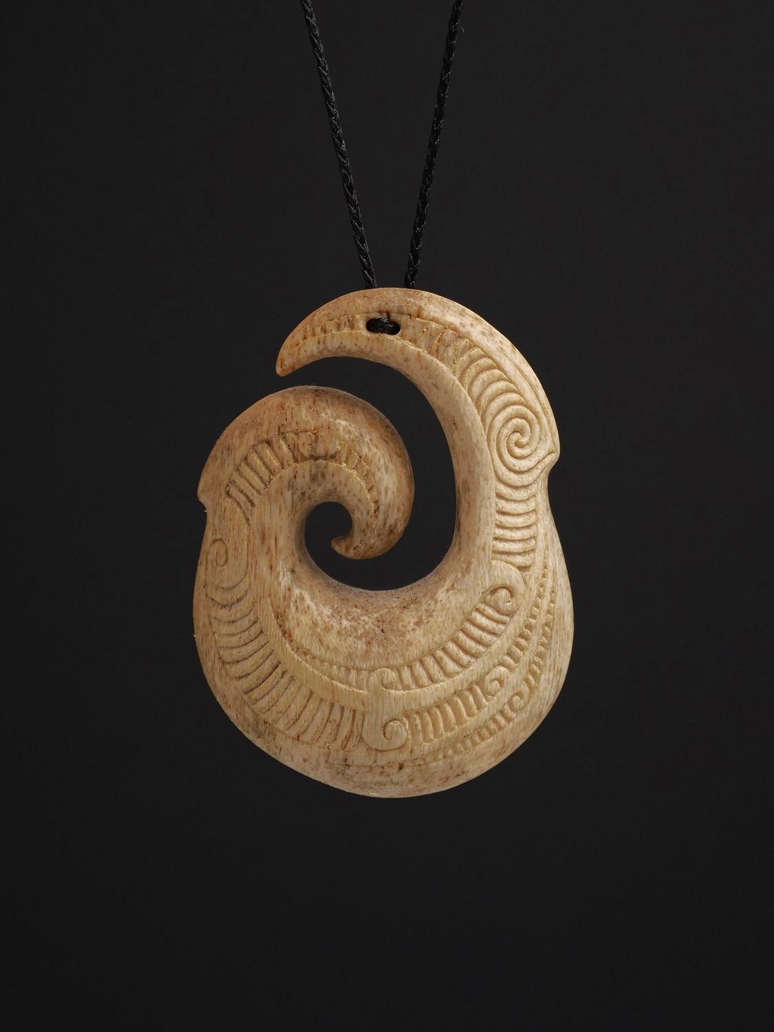Moko Pounamu Hei Matau Koru Genuine Whale Bone Carving - Waimahaka
