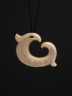 Moko Pounamu Hei Matau Genuine Whale Bone Carving - Kapuka