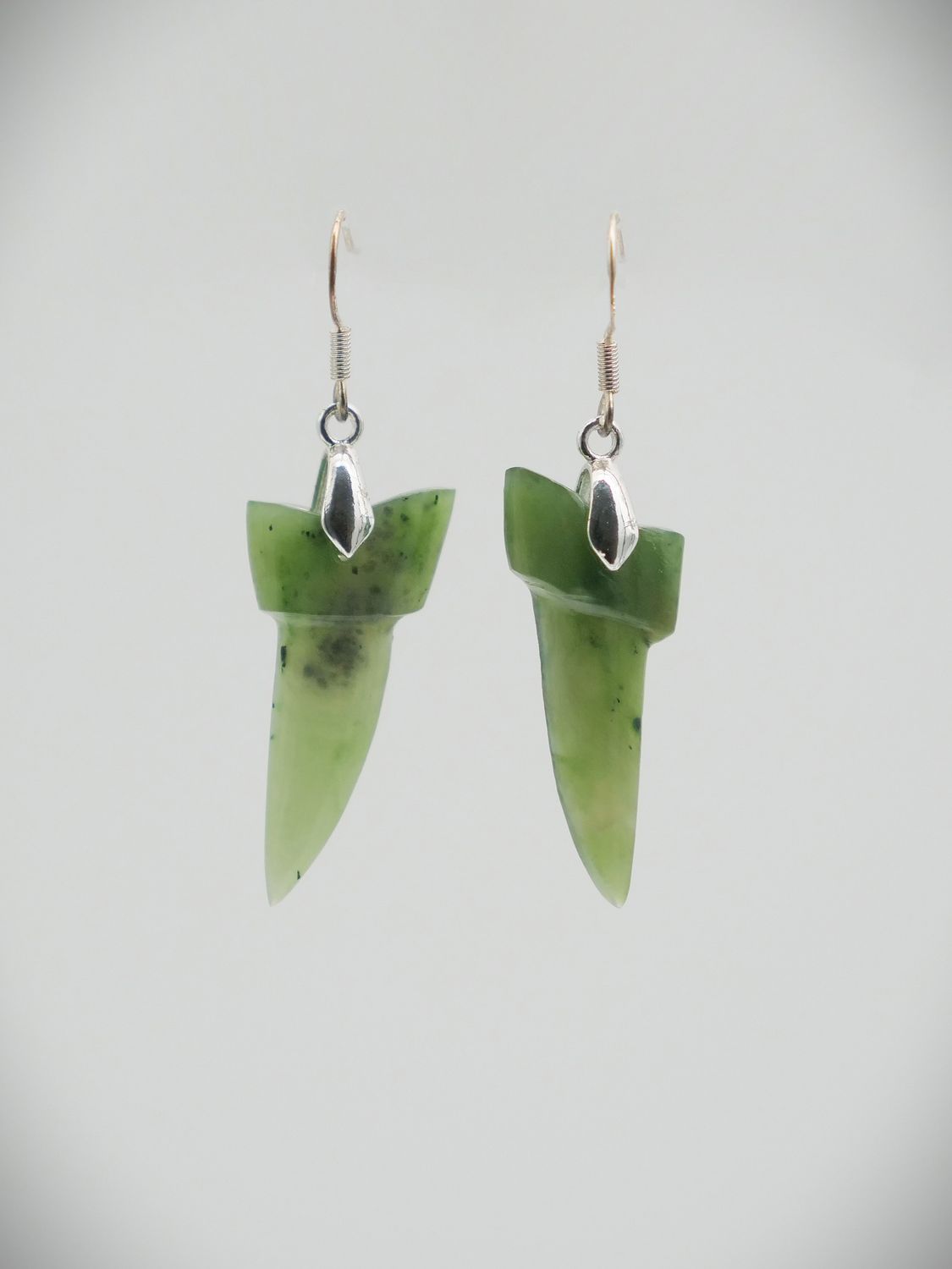Moko Pounamu Sharks Tooth NZ Genuine Kahurangi Greenstone & Sterling Silver Drop Earrings 11357