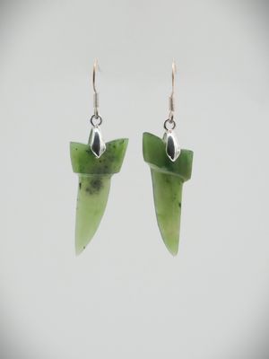 Moko Pounamu Sharks Tooth NZ Genuine Kahurangi Greenstone & Sterling Silver Drop Earrings 11357