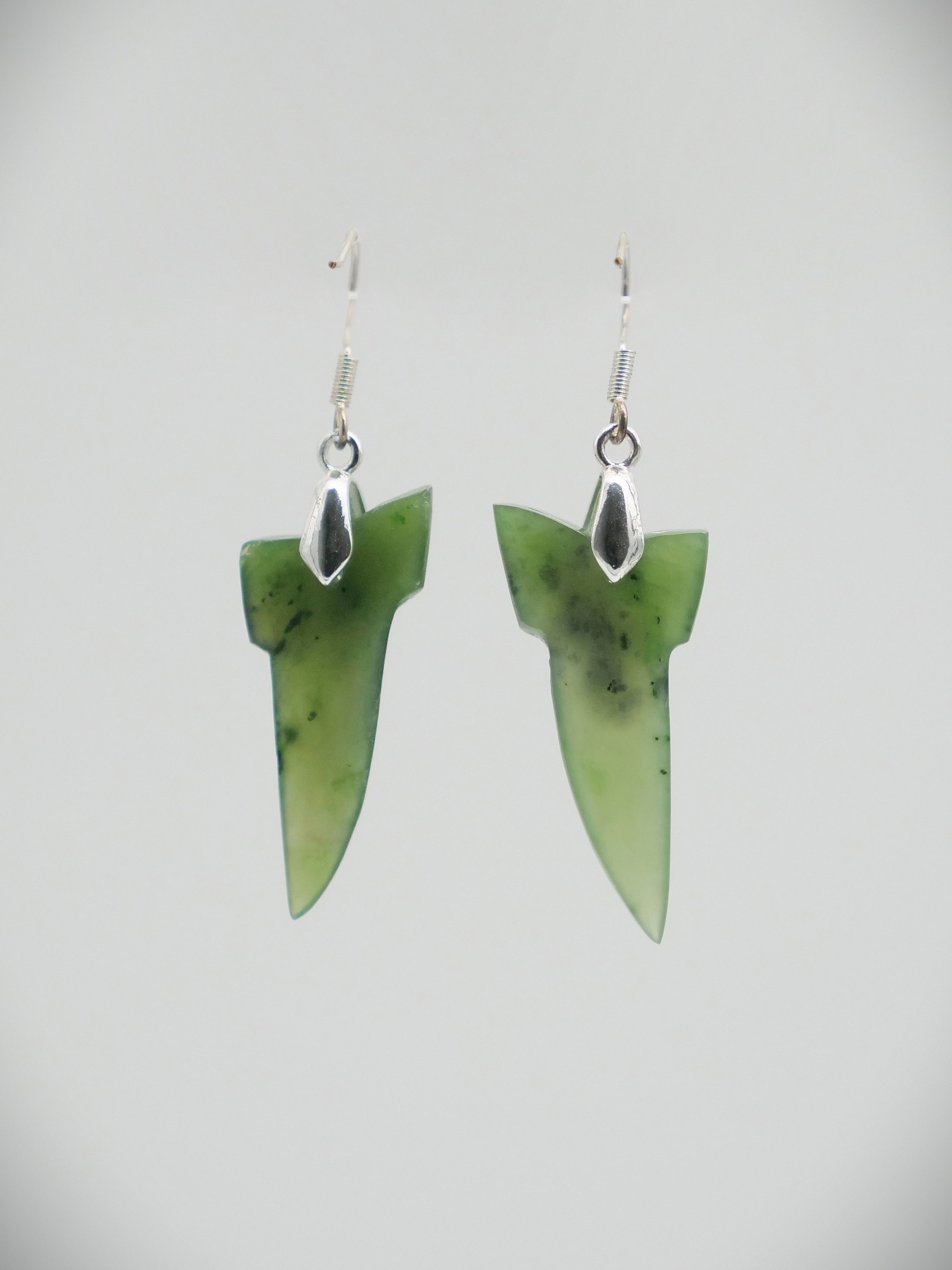 Moko Pounamu Sharks Tooth NZ Genuine Kahurangi Greenstone & Sterling Silver Earrings 11357
