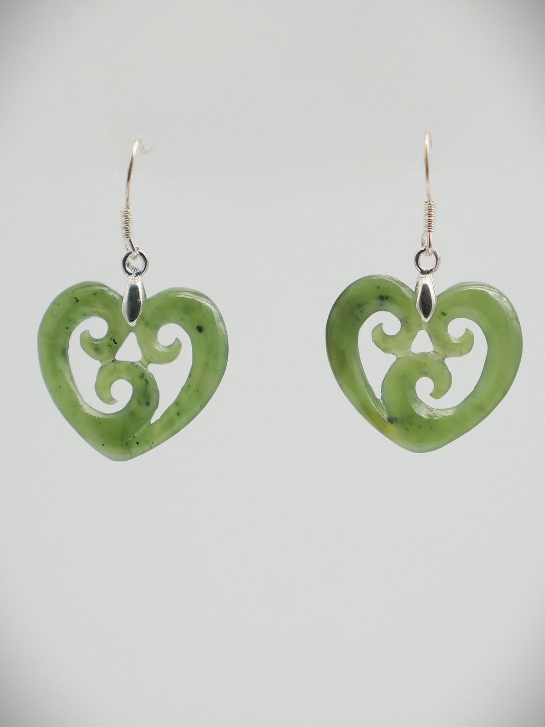 Moko Pounamu Heart Drop NZ Genuine Greenstone and Silver  Earrings 11356