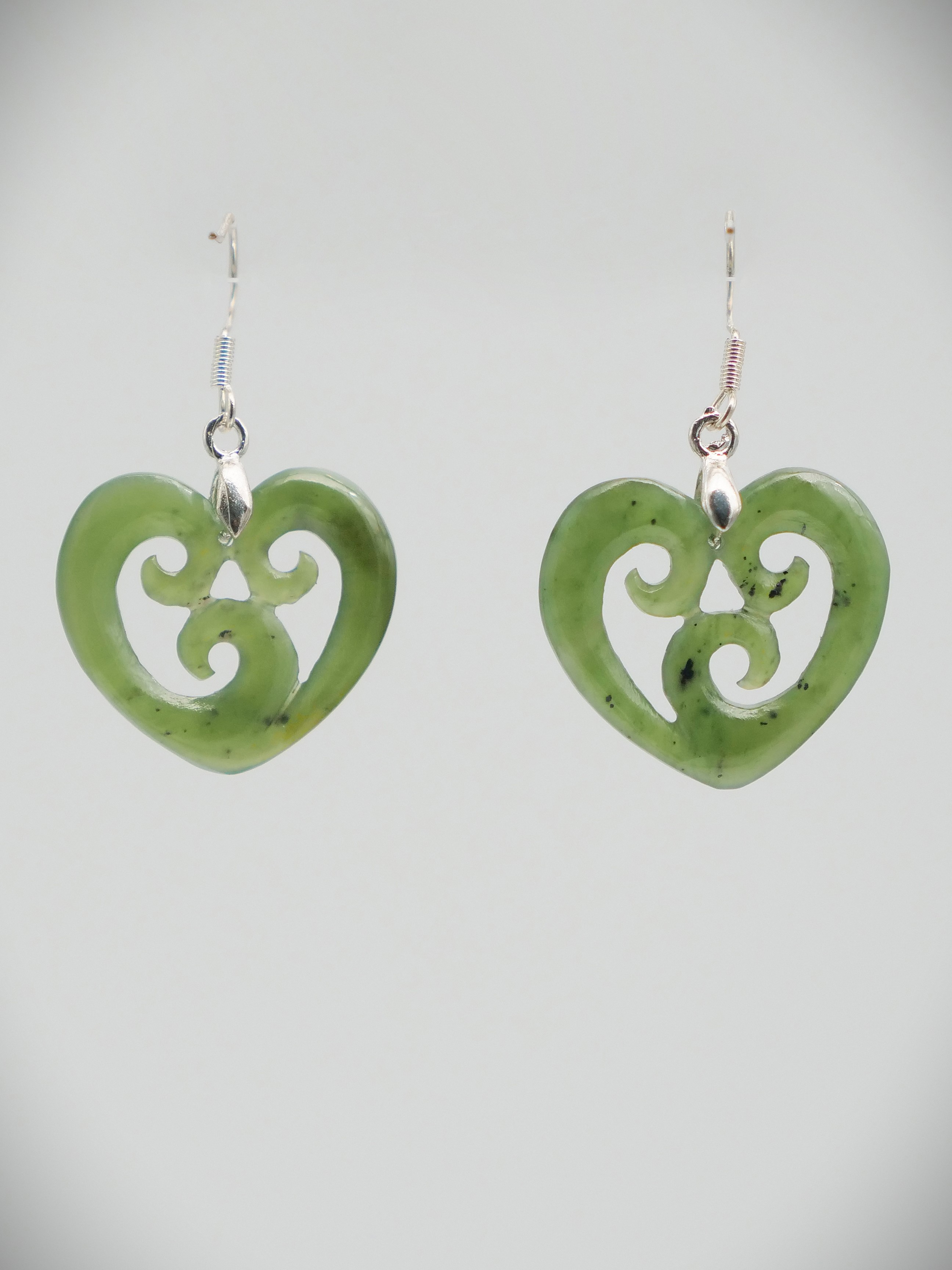 Moko Pounamu Heart Triple Koru NZ Genuine Greenstone and Silver Earrings 11356