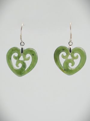 Moko Pounamu Heart Drop NZ Genuine Greenstone and Silver  Earrings 11356