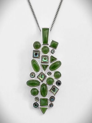 Moko Pounamu Multi Cabochon  Greenstone /Paua and Sterling Silver Enhancer Pendant - P01666