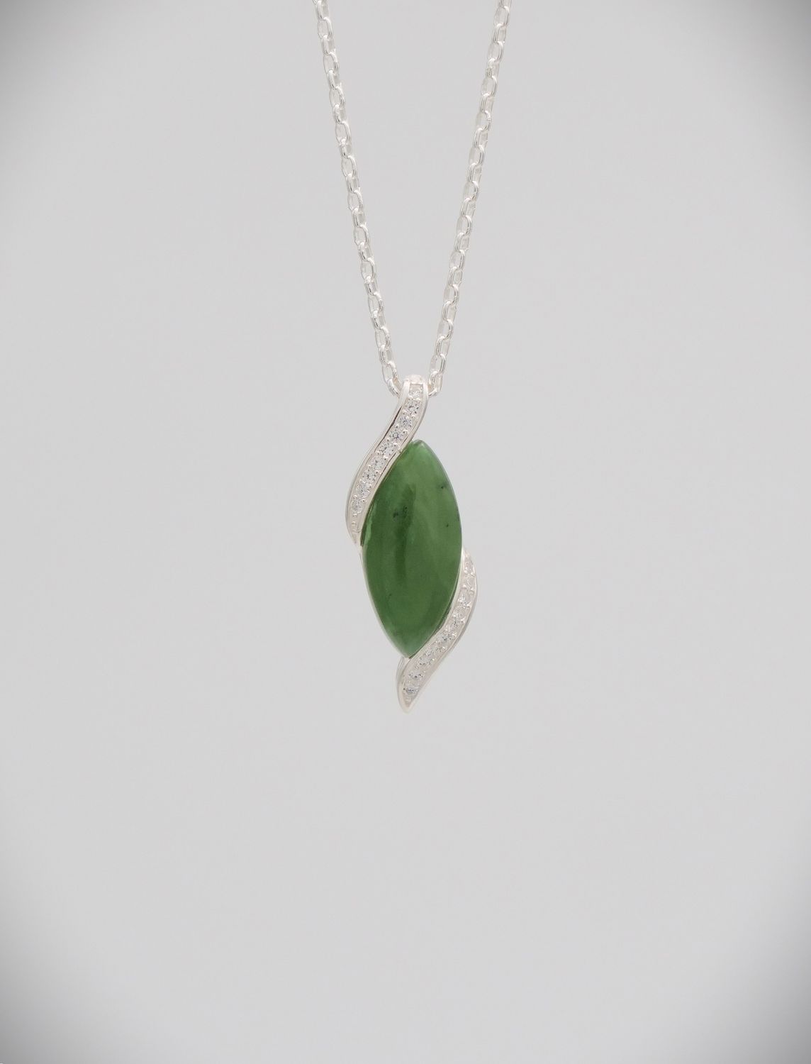 Moko Pounamu Greenstone and Sterling Silver & CZ Navette Pendant
