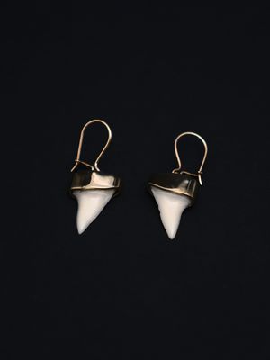 Moko Pounamu,  Genuine Mako Sharks Tooth and 9ct Gold Drop Earrings 11419