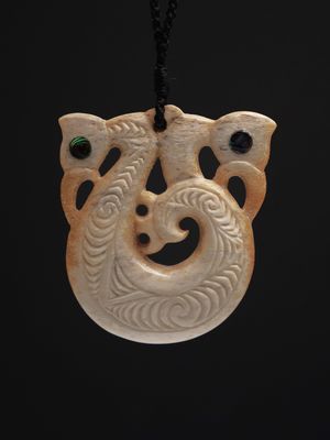 Moko Pounamu Peka peka Genuine Whale Bone Carving - Waikoikoi Moko Pounamu Peka peka Genuine Whale Bone Carving - Waikoikoi