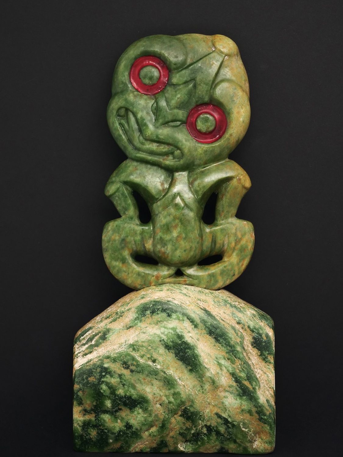Moko Pounamu Tiki Sculpture NZ Genuine Marsden Flower Greenstone - Popotunoa